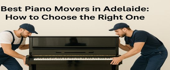Two professional movers carefully handling an upright black piano against a neutral background in Adelaide.
